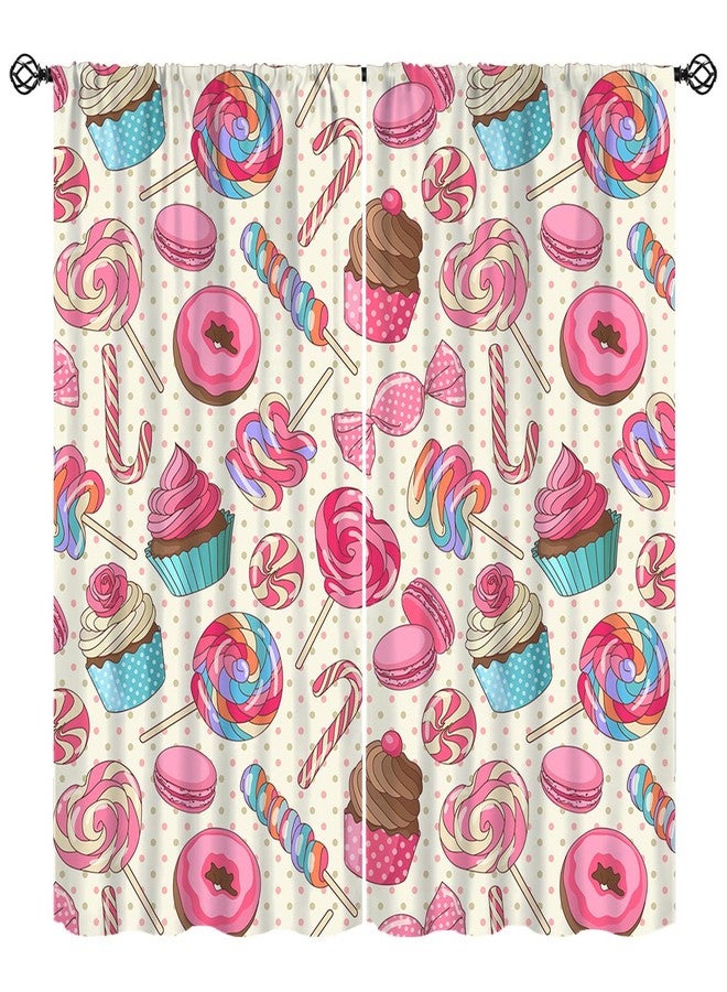 KANEPE Candy Curtain for Kids Decor, Yummy Lollipop Candy Macaroon Cupcake and on Polka Dots Pattern Window Treatments, Rod Pocket Thermal Insulation Drapes for Bedroom Living Room, 42" W X 45" L - Image 1